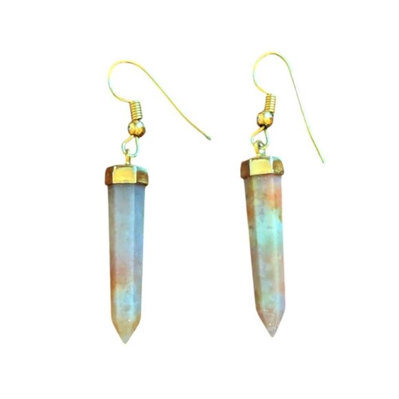 Tumbled Rose Quartz Crystal Dangle Earring Pointed Gold Tone Boho Festival Stone - Picture 1 of 3